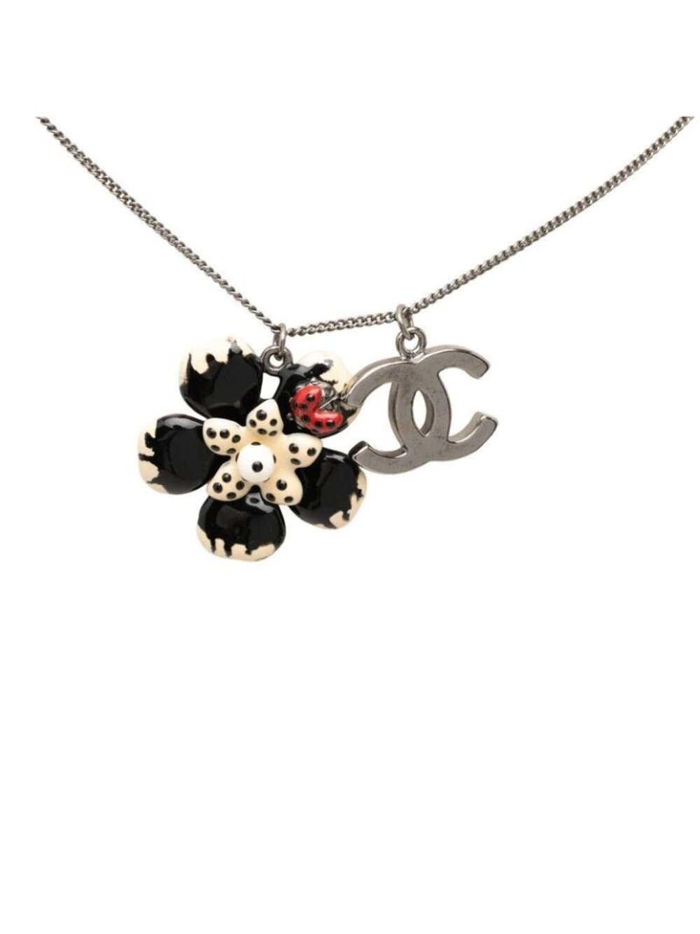 Chanel CC Logo Camellia Flower Motif Pendant 06P Silver White Black
